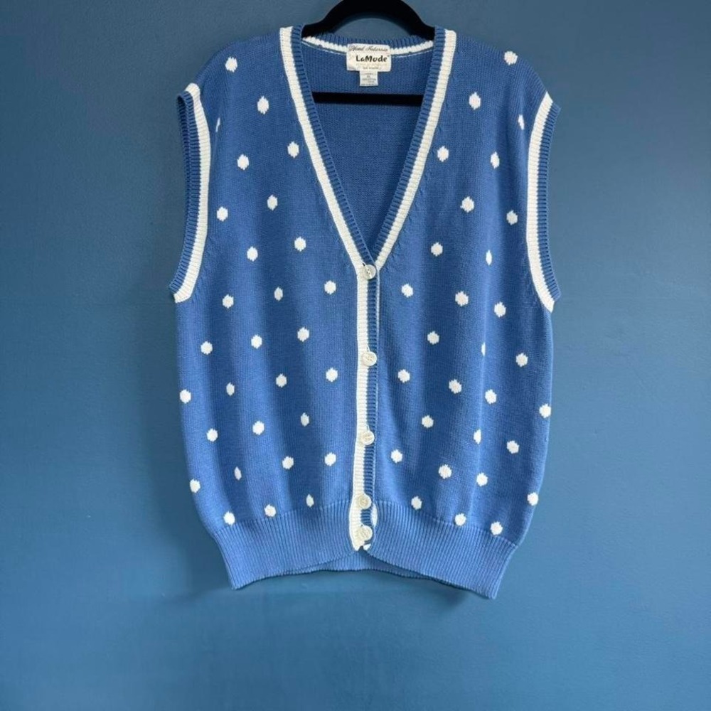 Vintage 1980s Sweater Vest Women's Size XL Blue White Polkadot Lady Lamode Prep - Picture 8 of 8